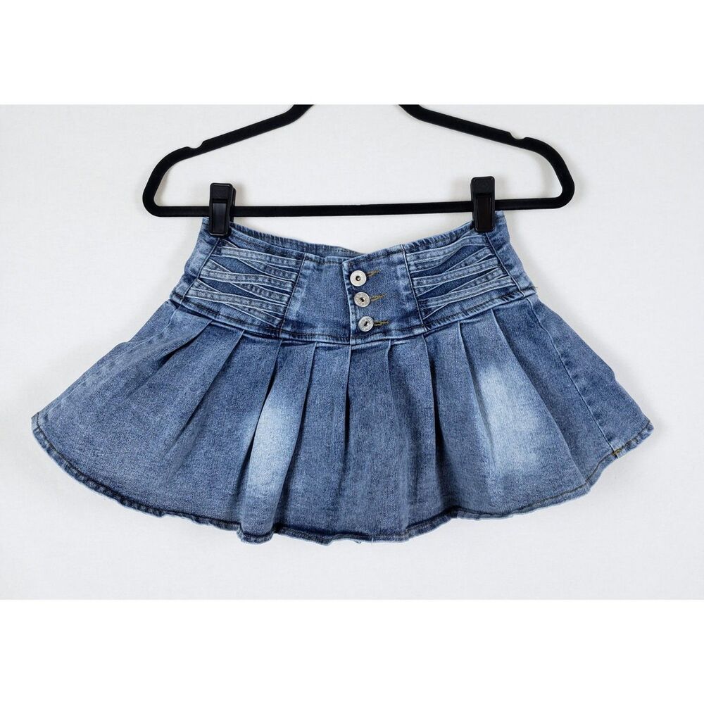 Kanji Y2K McBling Pleated Micro Mini Denim Skort Womens S Blue Coquette
